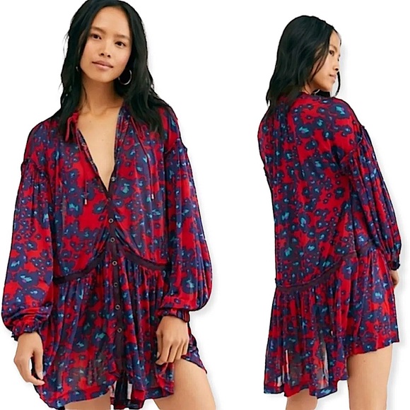 ❤️ Free People Red Love Letter Tunic/Mini Dress in XS Merlot Combo NWT ❤️ - Picture 1 of 7